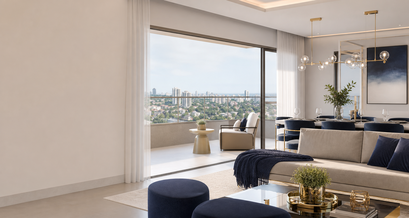 Sala de estar moderna com varanda e vista urbana